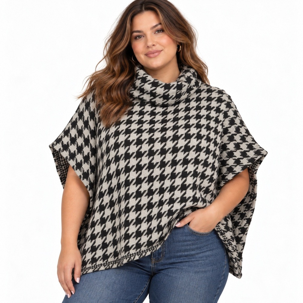 Bryn Walker Houndstooth Wool Poncho Top 1X Black White Lagenlook Oversized USA